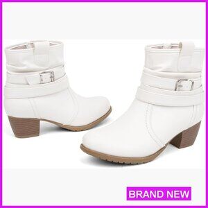 Mid Calf Boots Round Toe Low Heel Slouchy Dress Booties Buckle Strap Side Zipper